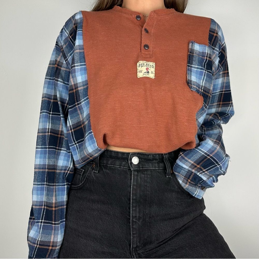 RedHead Long Sleeve Henley Reworked Upcycled Two Tone Plaid Flannel Shirt Top